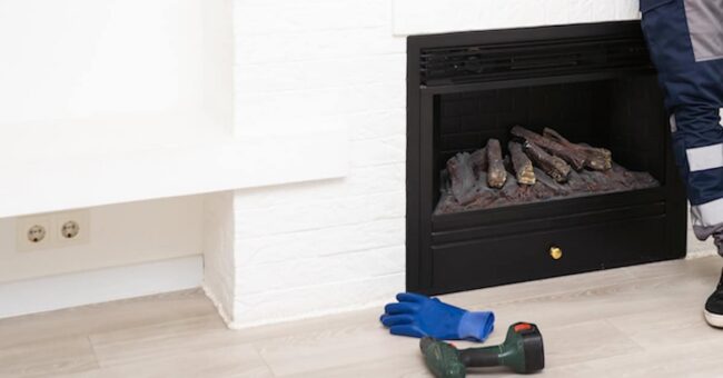 Service technician with tablet repairing a fireplace in a home gas fireplace not working